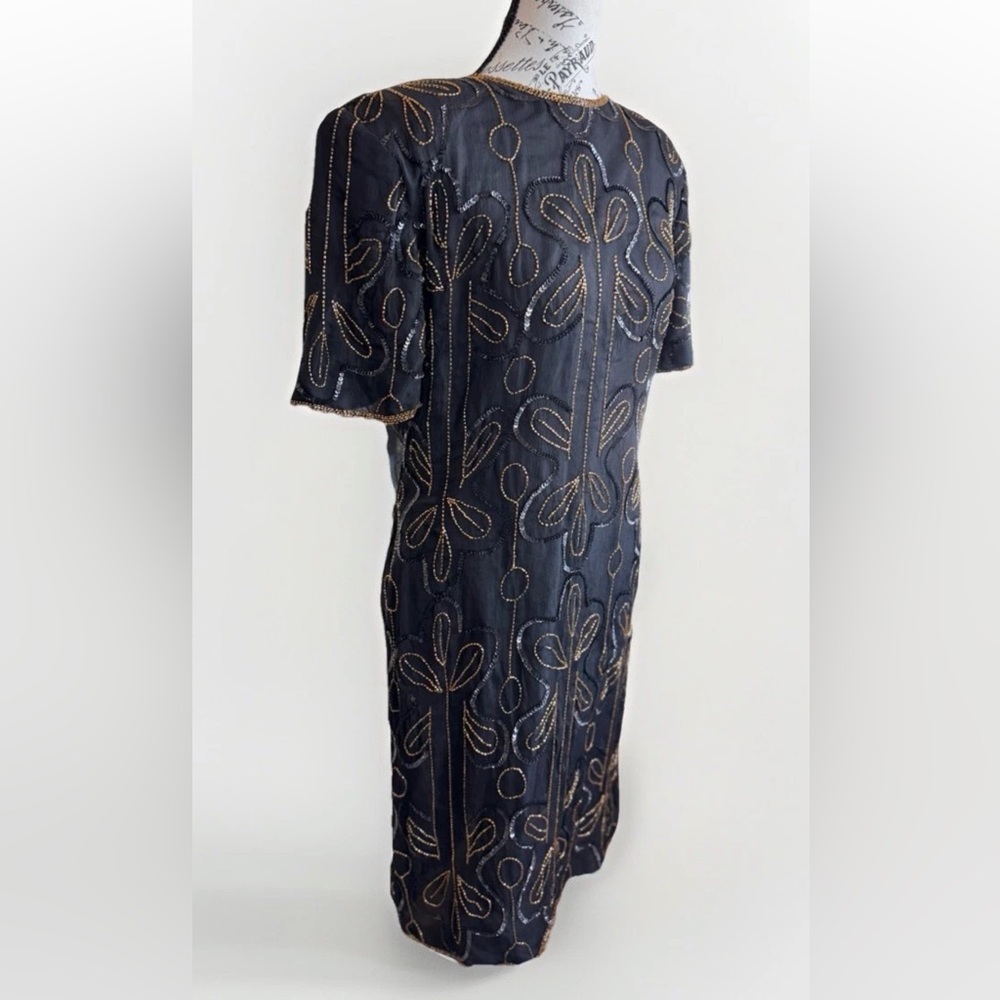 vintage 80s handmade gatsby black and gold party beaded sheath dress
